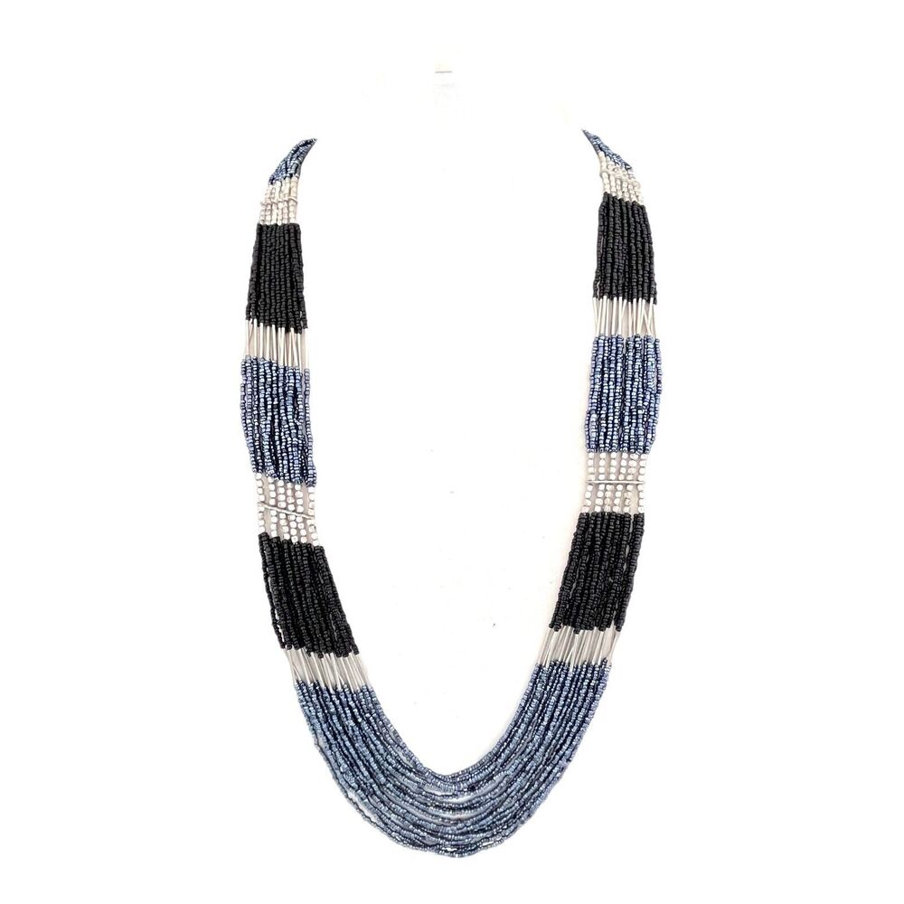 New Multi Strand Seed Bead Necklace Black Blue Long 35 Inch - 1O